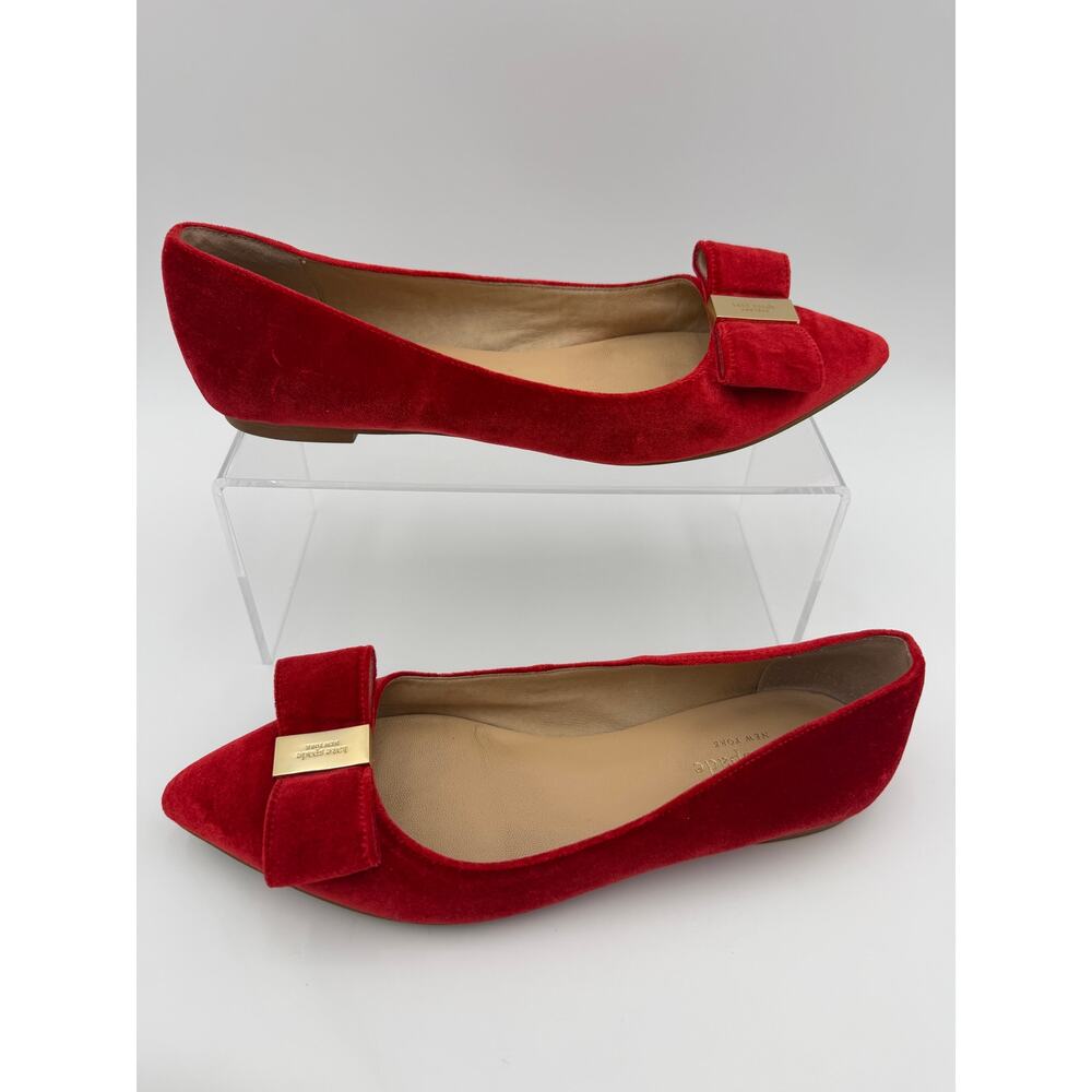 Kate Spade Emmie Red Velvet Flats Size 7 Medium Bow Point Toe - Picture 2 of 14